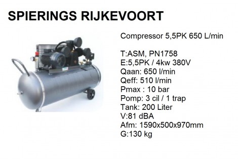 Compressor 5,5pk 650L/min 380V 3 cil. 