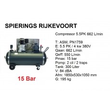 Compressor 5,5pk 650L/min 380V 15 Bar Industrie.