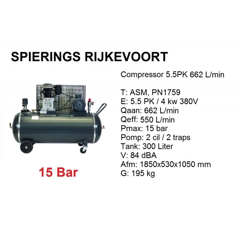 Compressor 5,5pk 380V 15 Bar Industrie. -