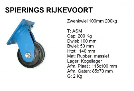 Zwenkwiel 100mm 200kg rubber