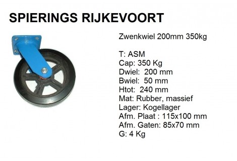 Zwenkwiel 200mm 350kg rubber