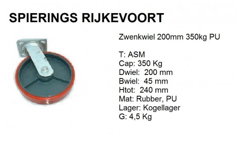 Zwenkwiel 200mm 350kg pu