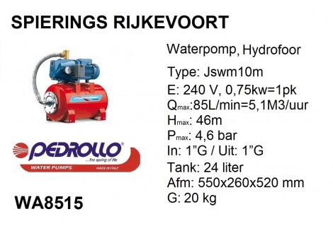 pomp water Hydrofoor 1pk Pedrollo 240v jswm 2c (10M)