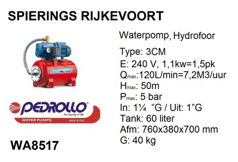 pomp water hydrofoor 2pk Pedrollo 240v jswm 3cm