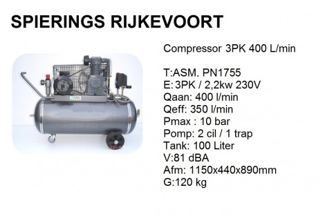Compressor 3pk 400L/min 230V Shamal Industrie 
