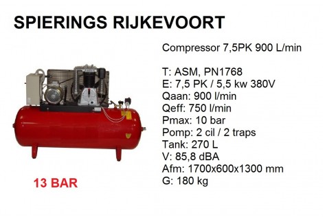 Compressor 7,5pk 900L/min 380v  13 bar